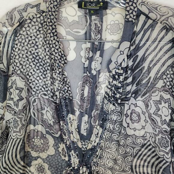 Lior Paris Floral Mixed Print Sheer Button Tunic Top Women Sz XL Sequin Beaded - Picture 2 of 12
